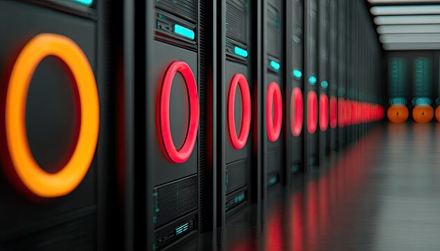 Server racks in a dark data center.  Rows of glowing server cabinets
