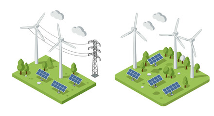 Isometric renewable energy landscape with wind turbines and solar panels