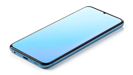 Mockup Light-blue smartphone with a blank screen, angled view, isolated on white background.