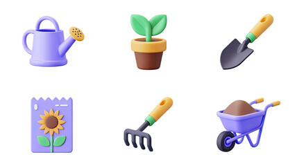 Charming garden essentials including watering can, plant, shovel, seeds, rake, and wheelbarrow.