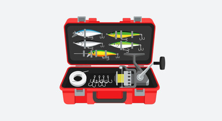 Fototapeta premium Bright Fishing Tackle Box with Lures and Reel Equipment for Angling Hobby