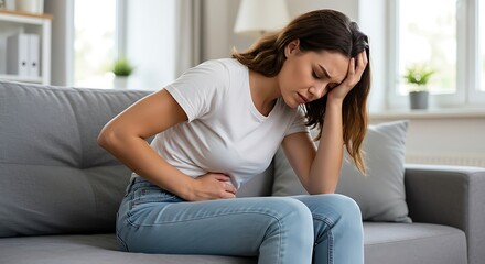 Young woman experiencing stomach pain and headache sitting on sofa at home