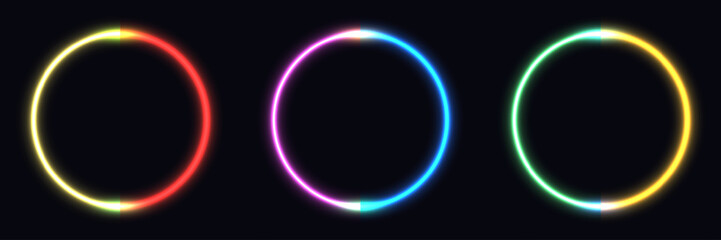 set of three glowing neon circles against a dark background, creating a luminous abstract scene with vibrant colors, futuristic technology vibes