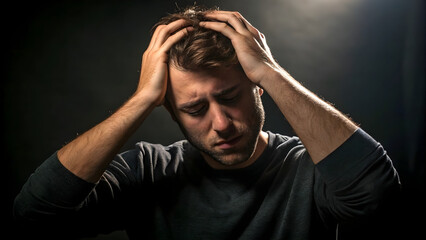 Young man experiencing stress, holding his head in his hands, showing signs of distress and emotional pain.