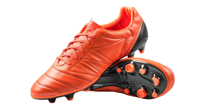 Shop vibrant orange soccer cleats: performance footwear for the field, ultimate traction and style on transparent background