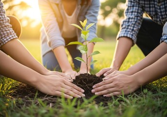 Fototapeta premium Volunteers plant a tree for a greener future now