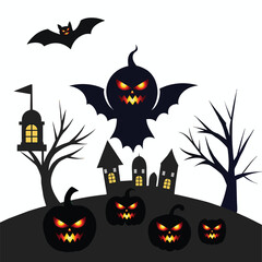 Spooky Halloween Night Scene with Bat Silhouette on Transparent Background