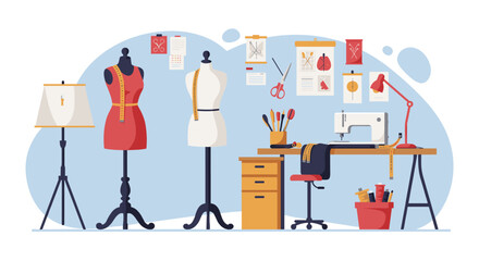 Fashion studio workspace with sewing machine, dress forms, and tools in flat design