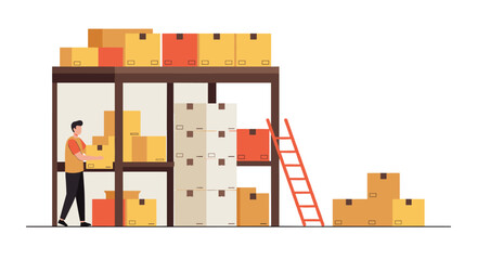 Warehouse worker organizing cardboard boxes on shelves with ladder for storage and logistics