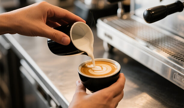 Close-up of hands pouring steamed milk into a cup of espresso, creating latte art, stainless steel counter and coffee equipment in background, realistic lighting.