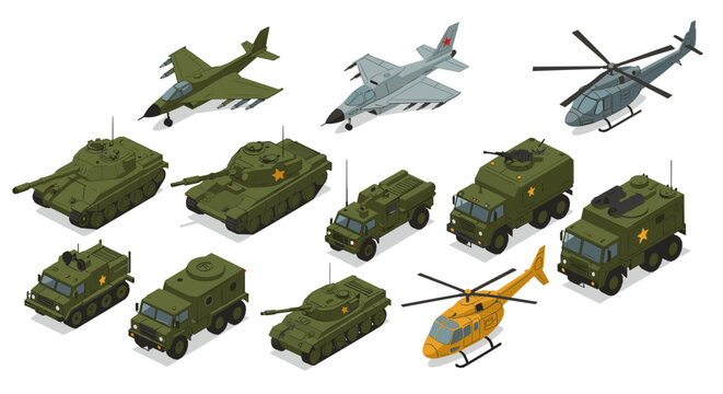 Isometric military vehicles and aircraft collection in detailed design