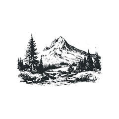 Mountain landscape with pine trees and a flowing stream