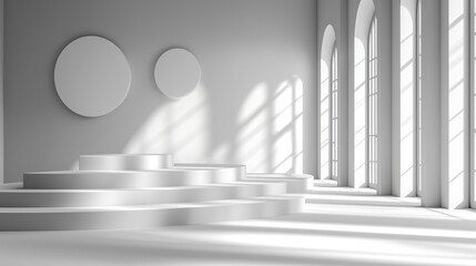 Obraz premium Minimalist Product Display: Three Podiums on Abstract White Background with Geometric Shadows for Spatial Depth
