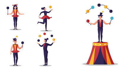 Circus performers in flat style: juggling and balancing acts with vibrant costumes
