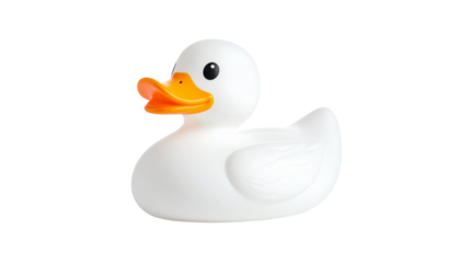 A clean white plastic duck toy is isolated against a stark white background