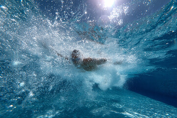 Underwater swimmer enjoys refreshing pool workout on a sunny day with crystal clear water splashes