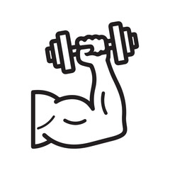 Strong arm flexing bicep and lifting dumbbell line icon. Gym and fitness vector symbol.