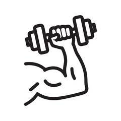Strong arm flexing bicep and lifting dumbbell line icon. Gym and fitness vector symbol.