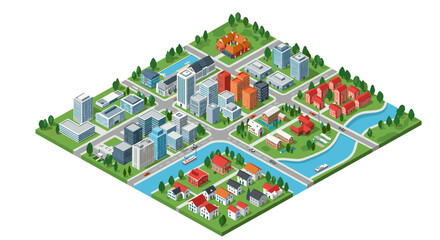 Modern isometric cityscape with buildings, roads, and river in vibrant urban setting