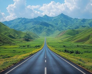 Fototapeta premium Straight asphalt road receding towards hazy green mountains under a partly cloudy sky, bordered by grassy fields