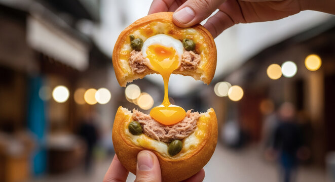 Brik &agrave; l'&OElig;uf &ndash; Authentic Tunisian Street Food with Egg Yolk Drip, Crispy Warka Close-Up