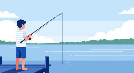 Naklejka premium Boy Fishing From Pier On A Calm Day In Simple Flat Vector Style