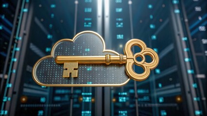Golden key symbolizes data sovereignty in cloud environments within digital server room