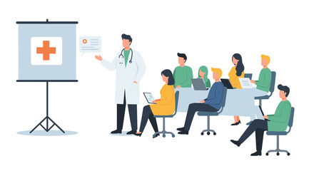 Medical training seminar with doctor presenting to attentive audience in modern flat style