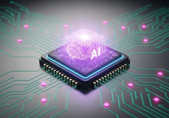 Innovative AI chip with glowing purple brain hologram powering advanced technology of the future era