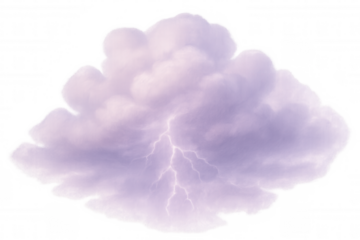 Purple lightning bolt illuminating dark stormy sky, striking through transparent background with dramatic electrical energy