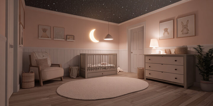 Soft pastel peach nursery crib in cozy corner with gentle lighting and dreamy decor for baby bedtime comfort