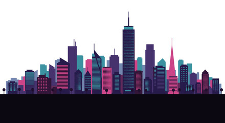 Modern urban skyline with skyscrapers in vibrant colors on white background