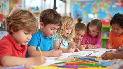 Fototapeta premium Children Drawing Together at Low Table in Colorful Classroom for Design Inspiration