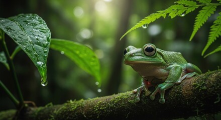 Obraz premium Green tree frog on branch, lush jungle