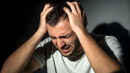 A distressed man with hands on his head, expressing intense pain and anxiety.