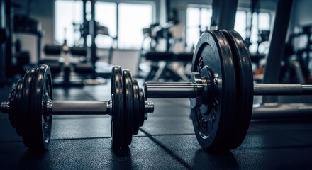 Gym weights on dark floor.  Dumbbells and barbell in focus