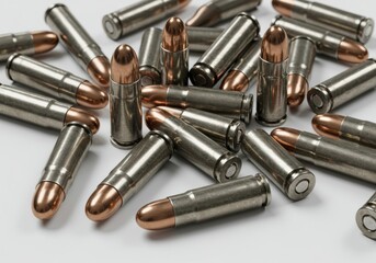 Ammunition spread on surface indoor setting macro photography focused lighting firearm concept