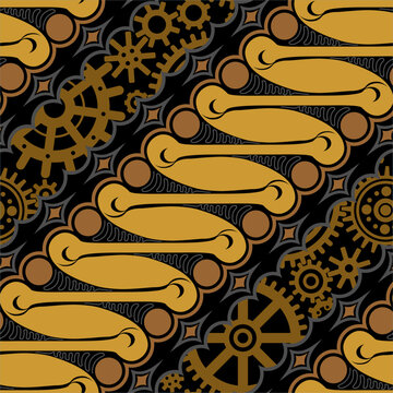 Modern batik vector combining mechanical piston shapes and diverse gear forms, creating a unique fusion of traditional art and industrial style.