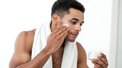 A young man applies facial cream to his face while holding the container in his other hand.