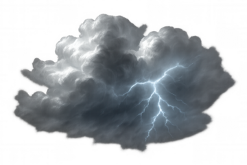 Lightning striking massive cumulonimbus cloud, splitting dark sky with electric energy, highlighting intense atmospheric power against transparent backdrop