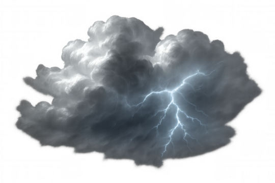 Lightning striking massive cumulonimbus cloud, splitting dark sky with electric energy, highlighting intense atmospheric power against transparent backdrop