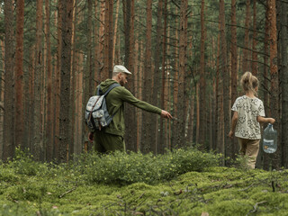 father and daughter picking mushrooms in a spruce forest