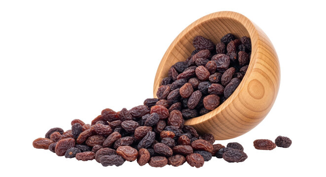 Isolated raisins spilled from a bowl