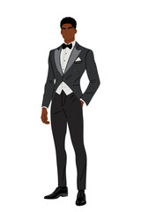 Flat vector illustration of an elegant young African American man in a black tuxedo and bow tie, standing full length in a confident pose, isolated on transparent background