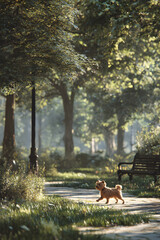 Naklejka premium Adventurous Canine Frolicking Joyfully in Sunlit Park: Capture the Playful Spirit of a Dog Relishing the Outdoors Amidst Lush Greenery and a Refreshing Breeze