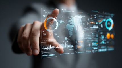 Man Interacting with Futuristic Transparent HUD: Data Analysis