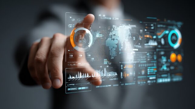 Man Interacting with Futuristic Transparent HUD: Data Analysis