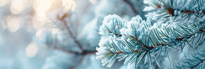 Snow-Covered Pine Needles in Cold Tones with Soft Blur – Winter Texture Banner