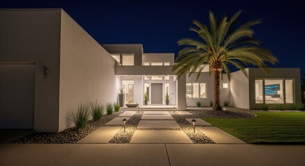 Sleek contemporary home illuminated under a dark starry sky, showcasing sophisticated architectural design