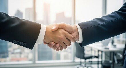 Successful business agreement contract dealing businessman handshake close up, hand palm with blur city building and office working space background
